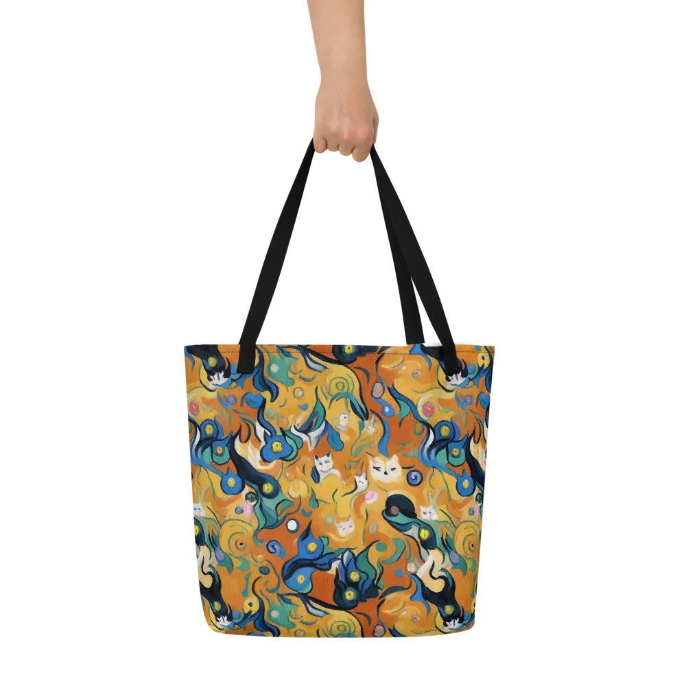 Whimsical Feline Dance on Large Tote Bag W/ Pocket — Front