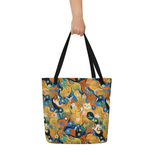 Whimsical Feline Dance on a Large Tote Bag W/ Pocket