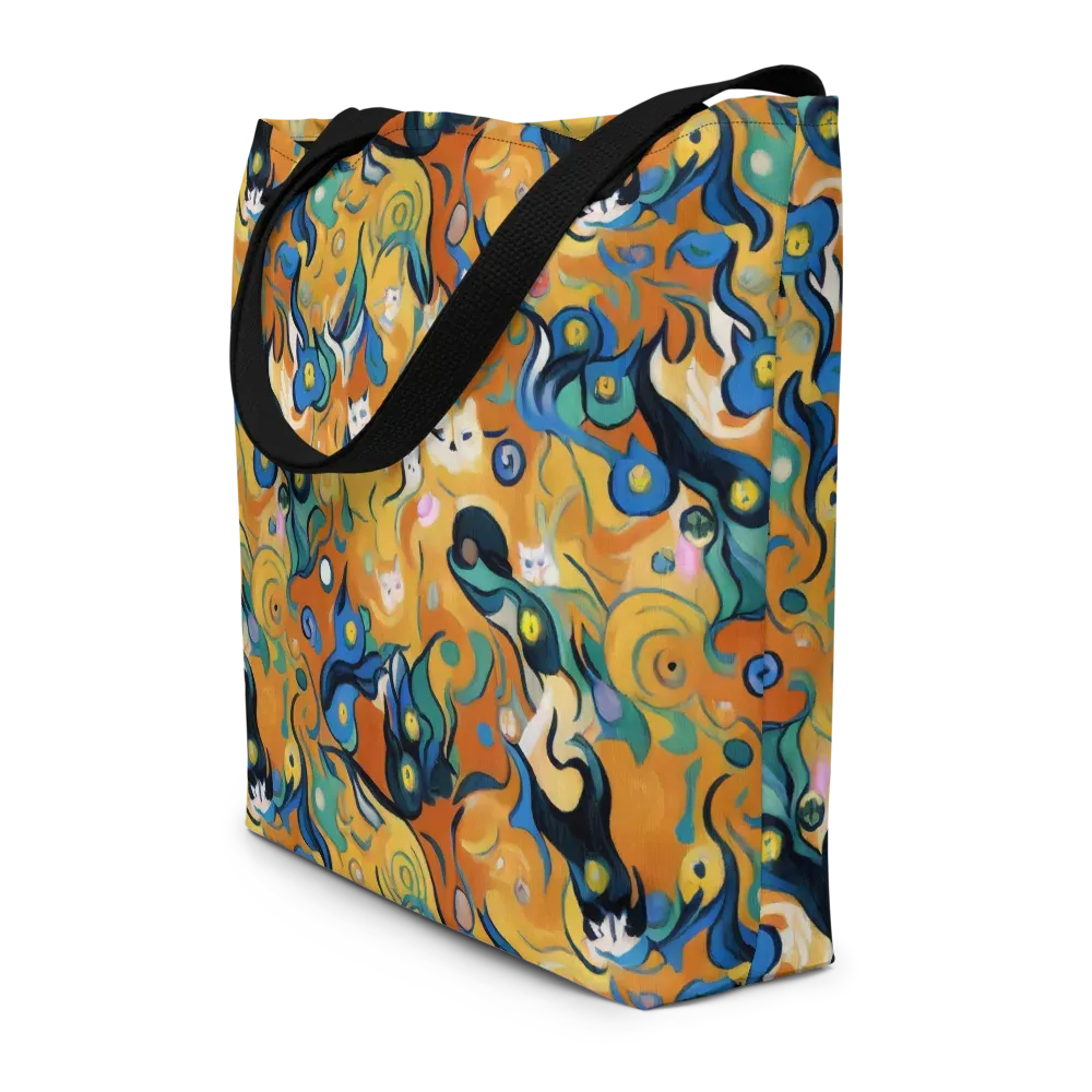 Whimsical Feline Dance on Large Tote Bag W/ Pocket — Front