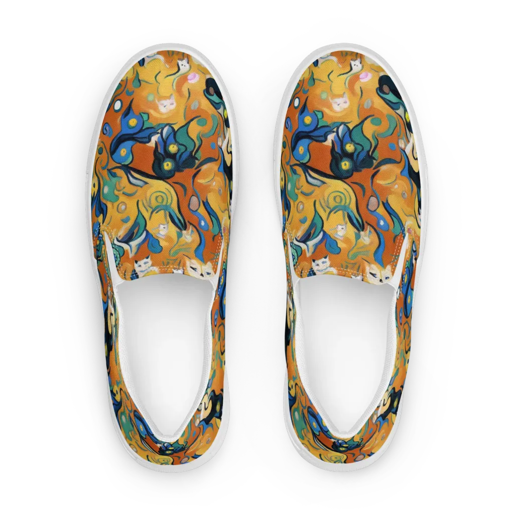 Whimsical Feline Dance on Women's Slip-On Canvas Shoes — Front