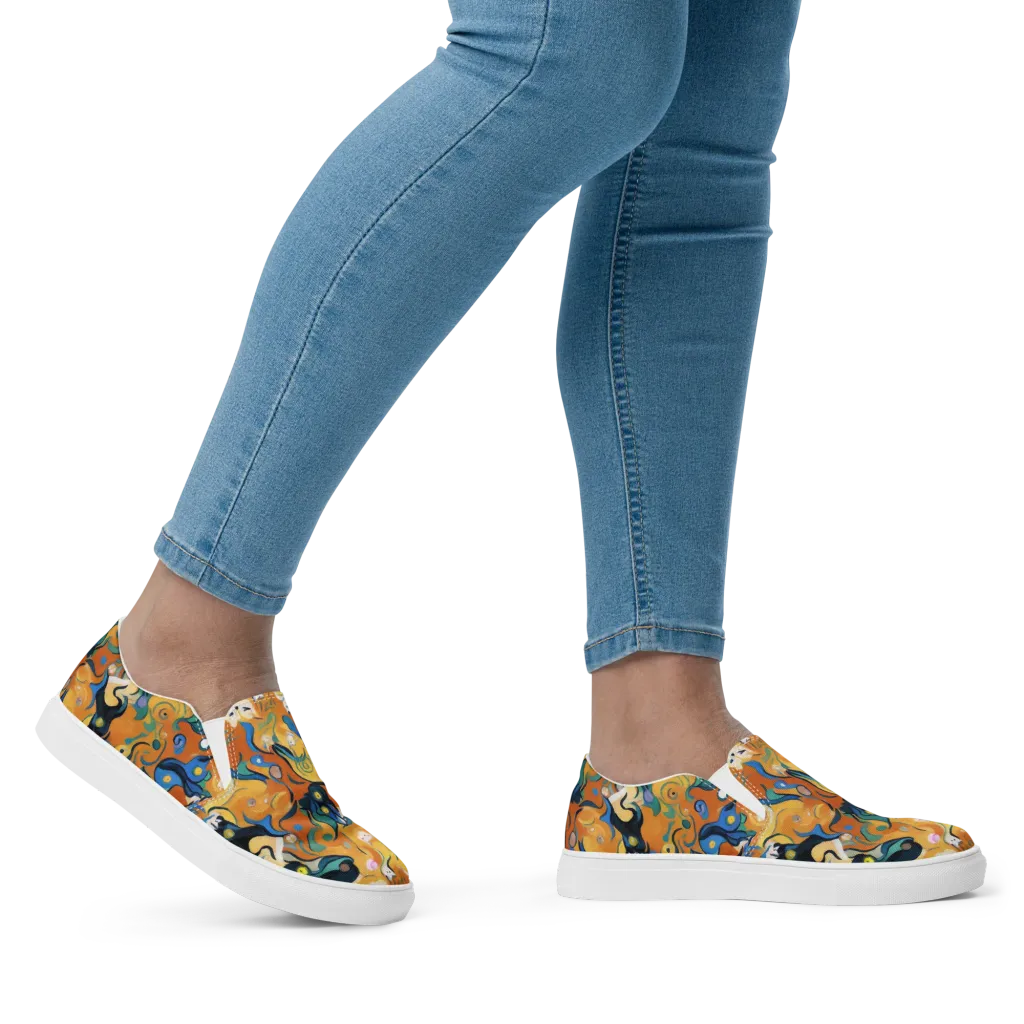 Whimsical Feline Dance on Women's Slip-On Canvas Shoes — Right