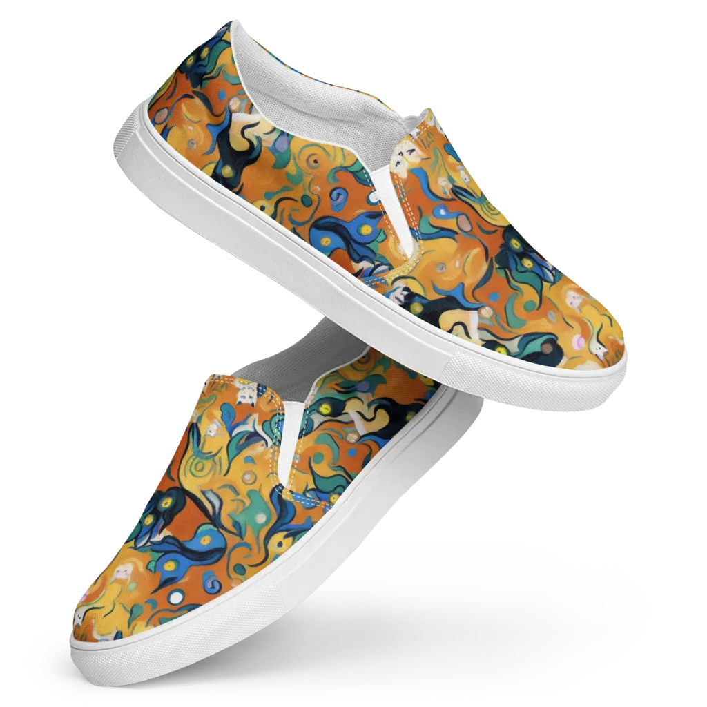 Whimsical Feline Dance on Women's Slip-On Canvas Shoes — Front