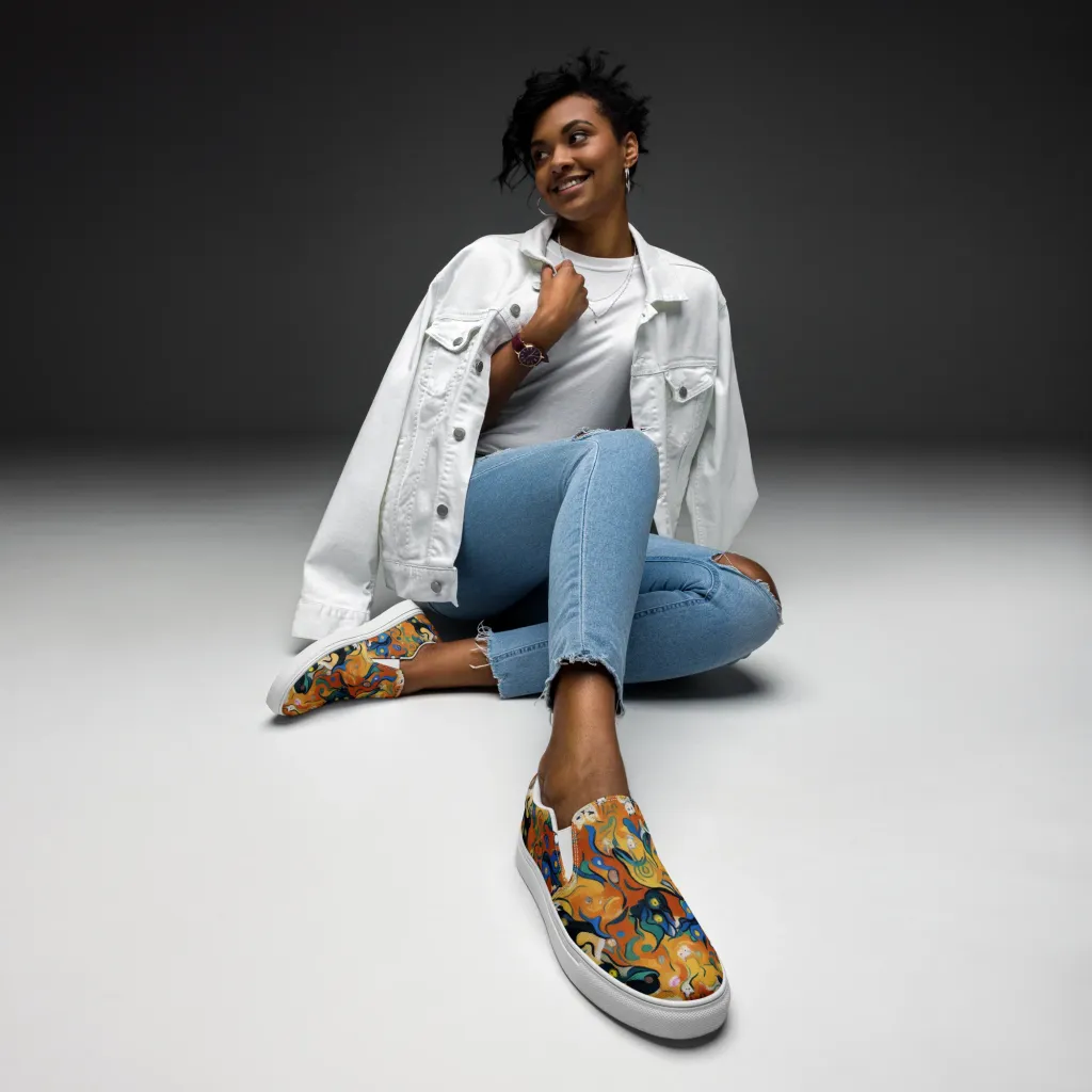 Whimsical Feline Dance on Women's Slip-On Canvas Shoes — Front
