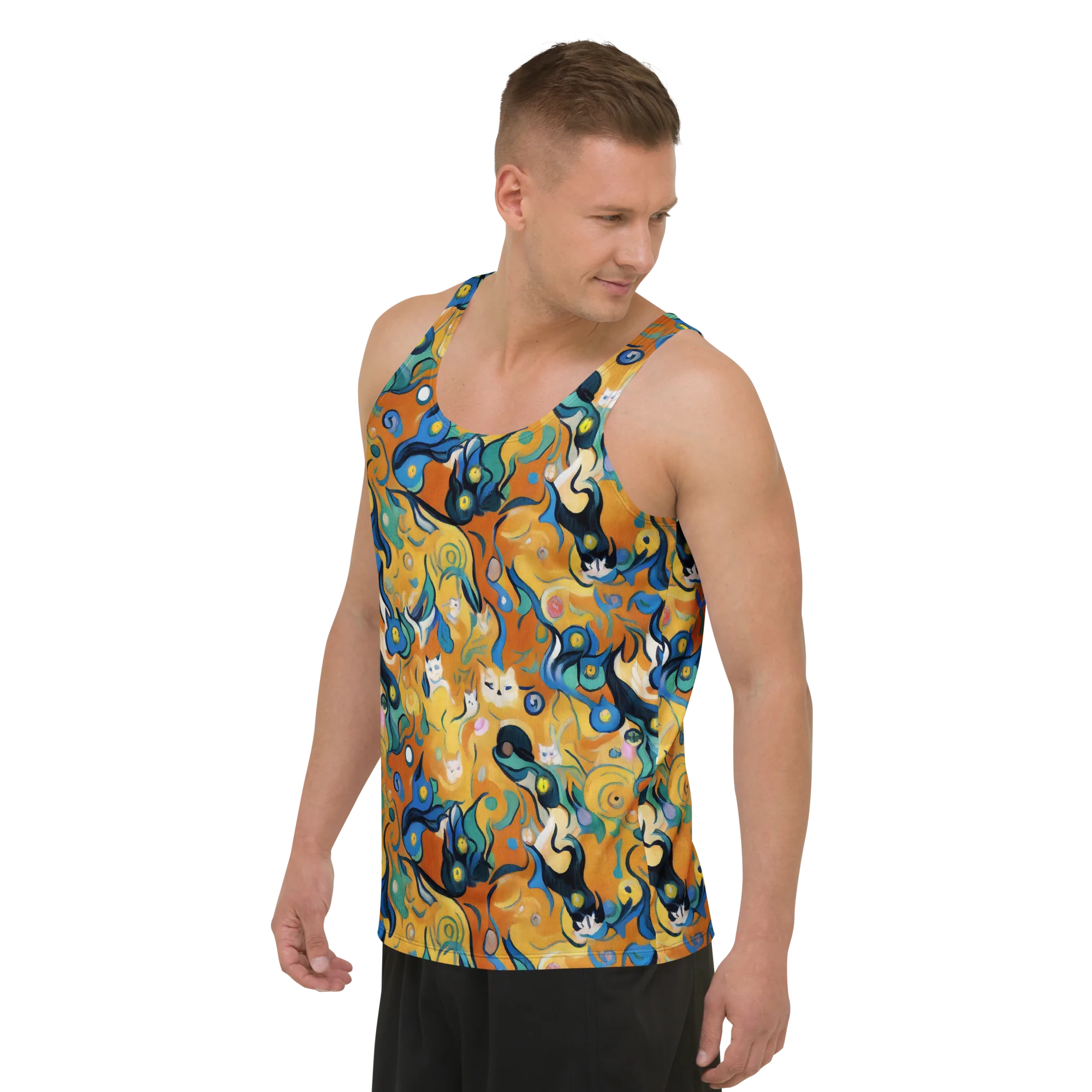 Whimsical Feline Dance on Men's Tank Top — Left Front