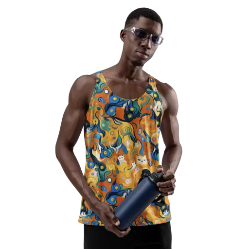 Whimsical Feline Dance on a Men's Tank Top