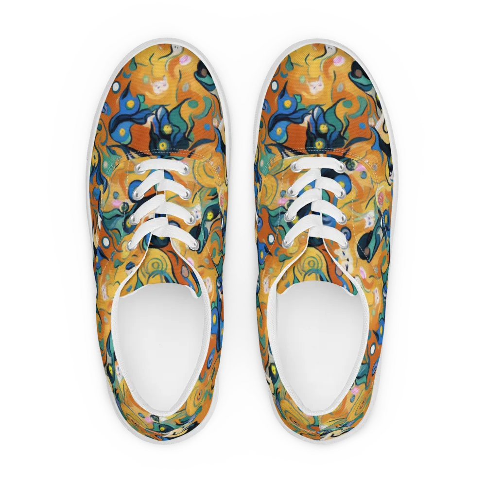 Whimsical Feline Dance on Men's Lace-Up Canvas Shoes — Front