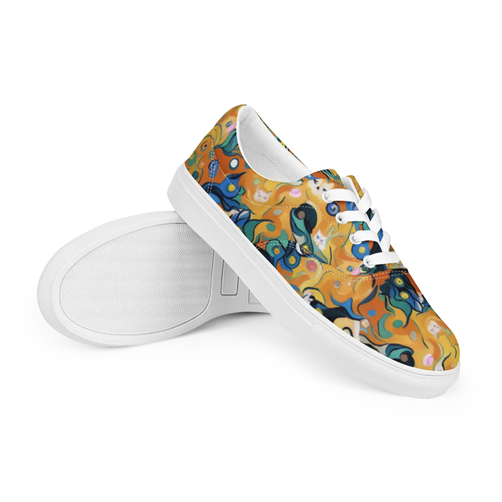 Whimsical Feline Dance on Men's Lace-Up Canvas Shoes — Right Front