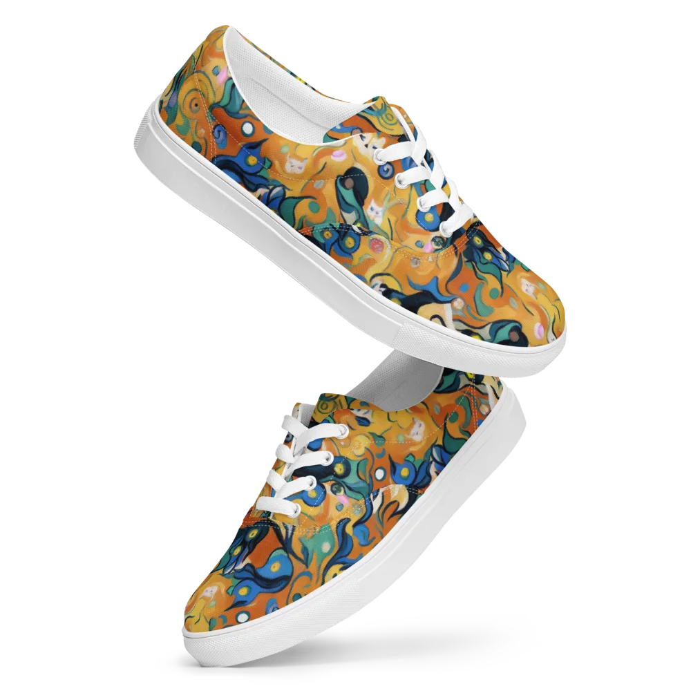 Whimsical Feline Dance on Men's Lace-Up Canvas Shoes — Front