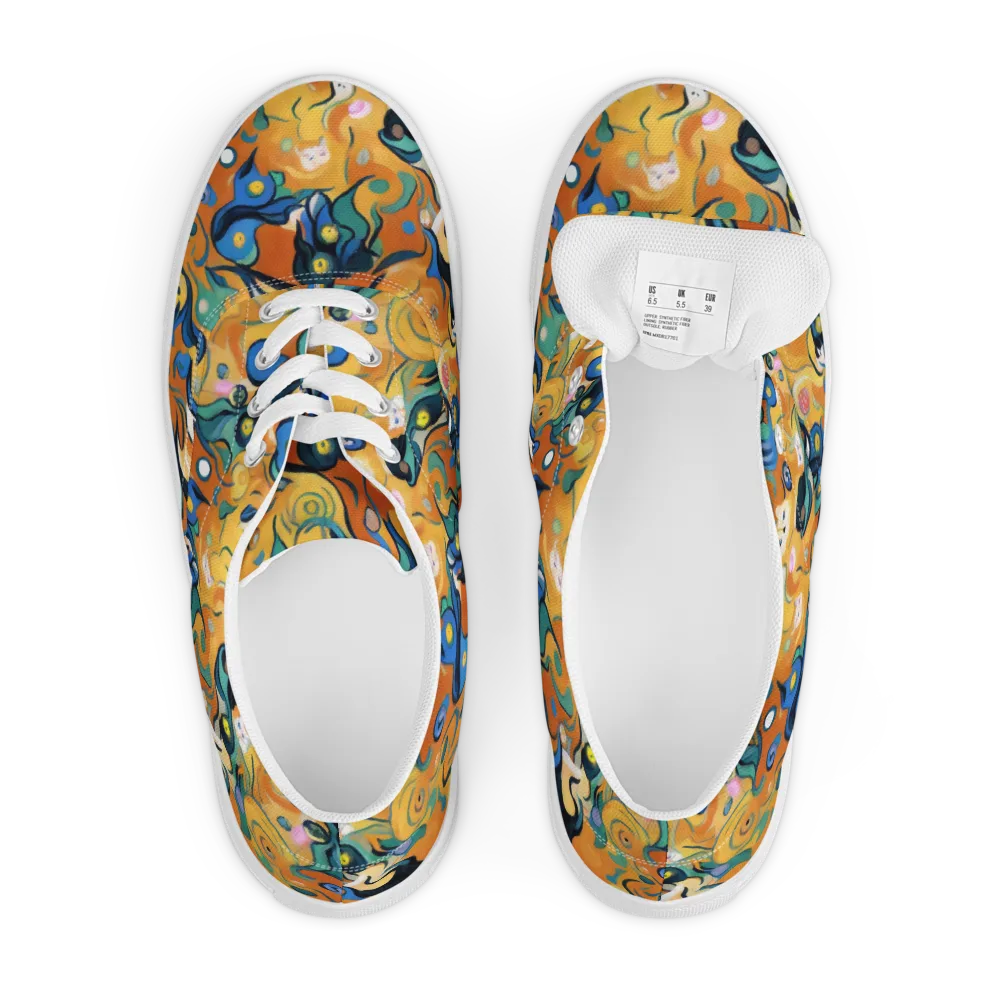 Whimsical Feline Dance on Men's Lace-Up Canvas Shoes — Front
