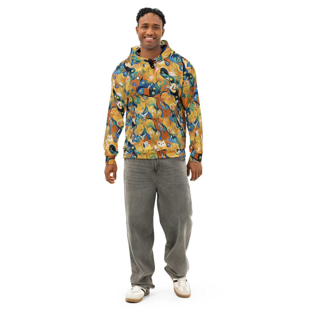 Whimsical Feline Dance on Cotton Hoodie — Front