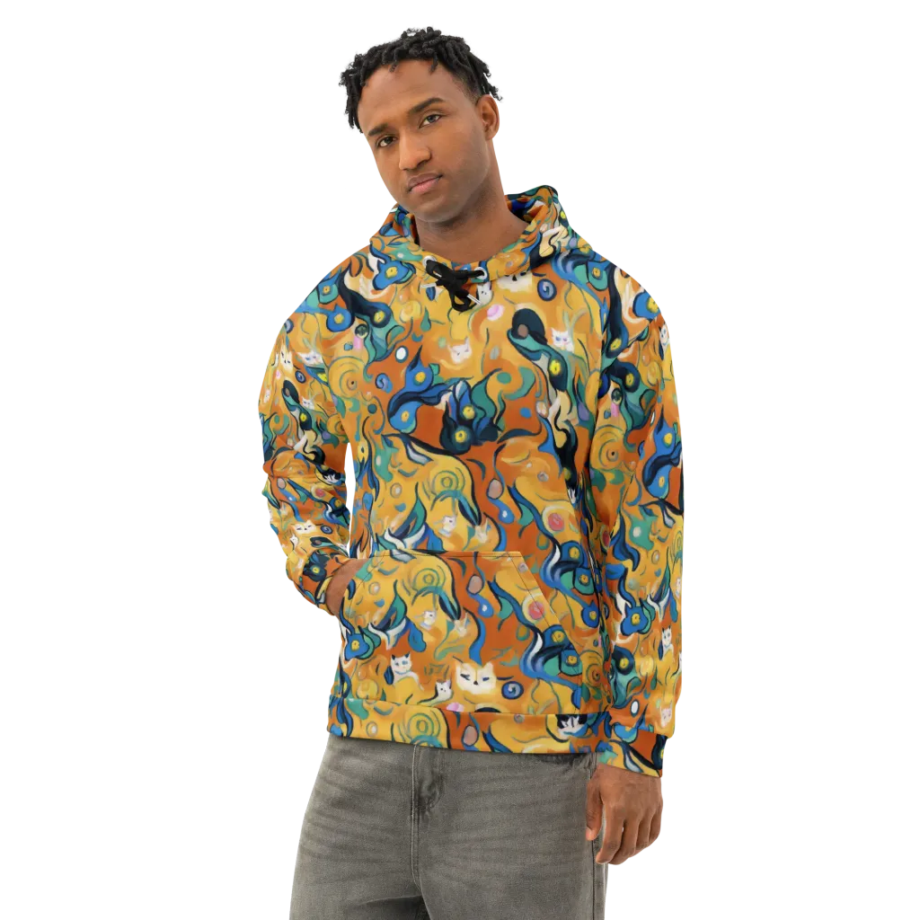 Whimsical Feline Dance on Cotton Hoodie — Left Front