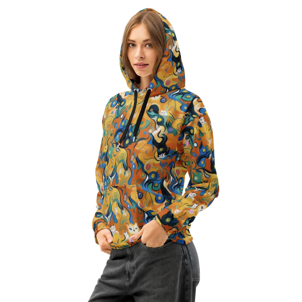 Whimsical Feline Dance on Cotton Hoodie — Left Front