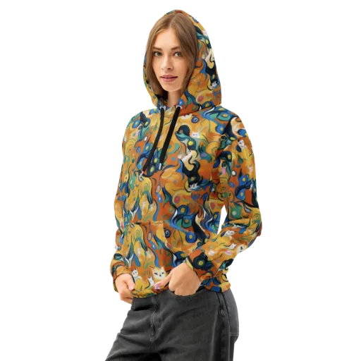 Whimsical Feline Dance on a Cotton Hoodie