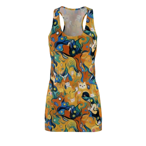 Whimsical Feline Dance on a Racerback Dress