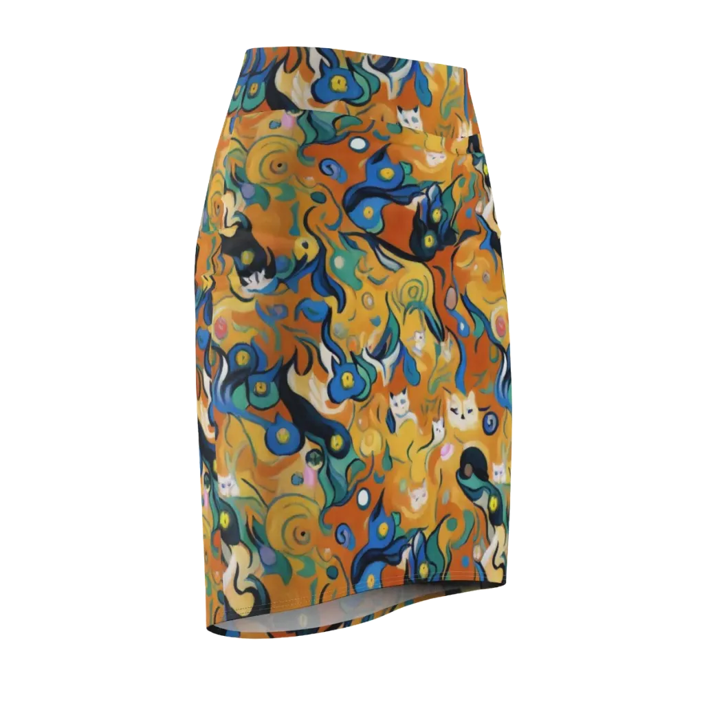Whimsical Feline Dance on Pencil Skirt — Front Side