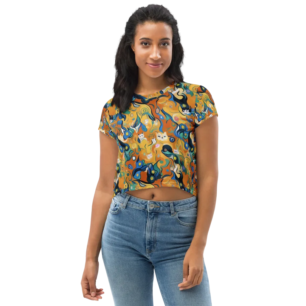 Whimsical Feline Dance on Crop Tee — Front