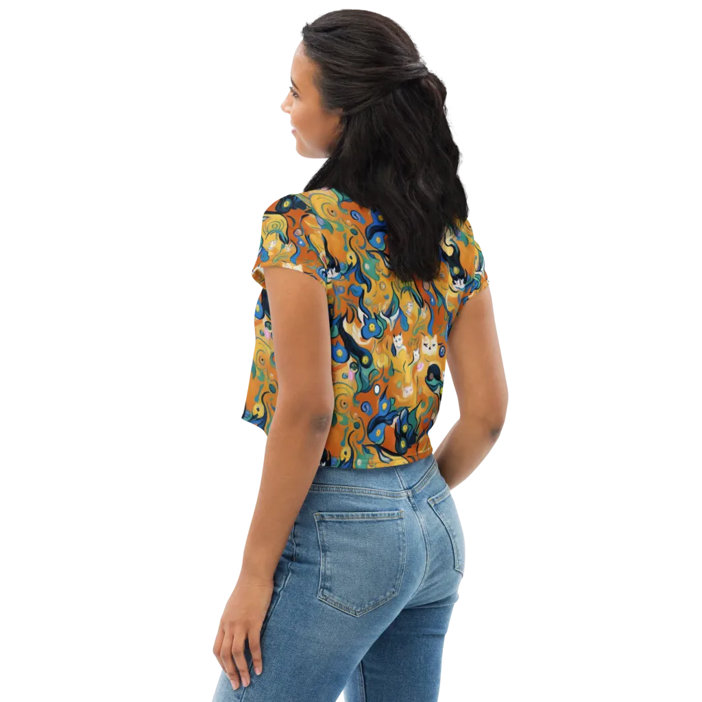Whimsical Feline Dance on Crop Tee — Left Back