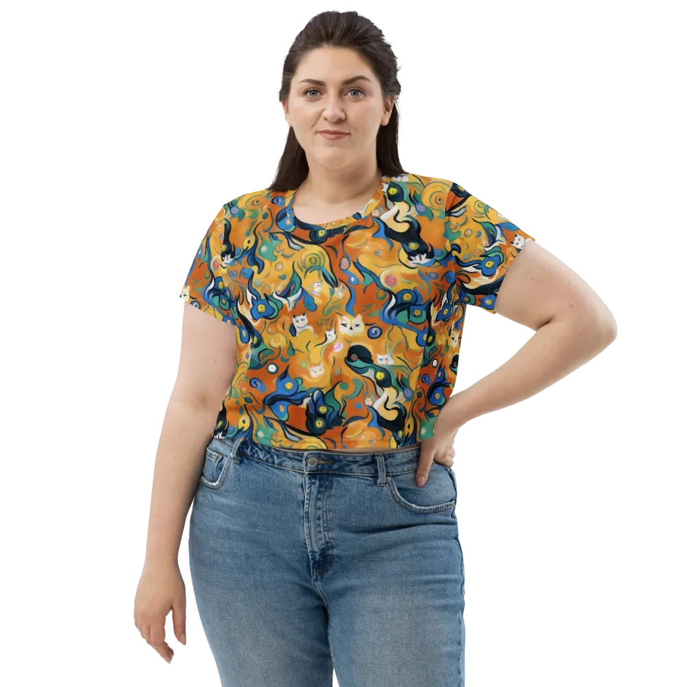 Whimsical Feline Dance on Crop Tee — Front