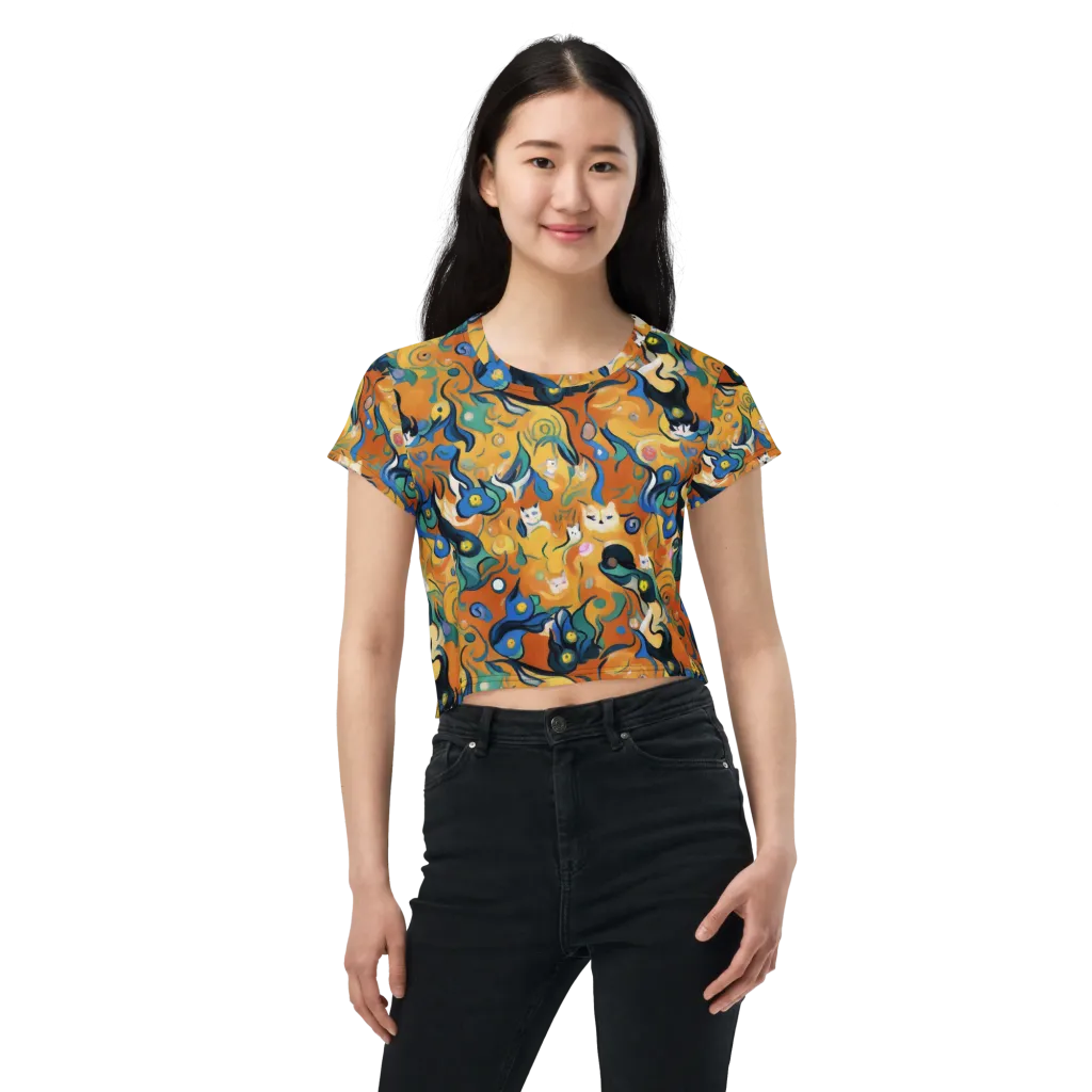 Whimsical Feline Dance on Crop Tee — Front