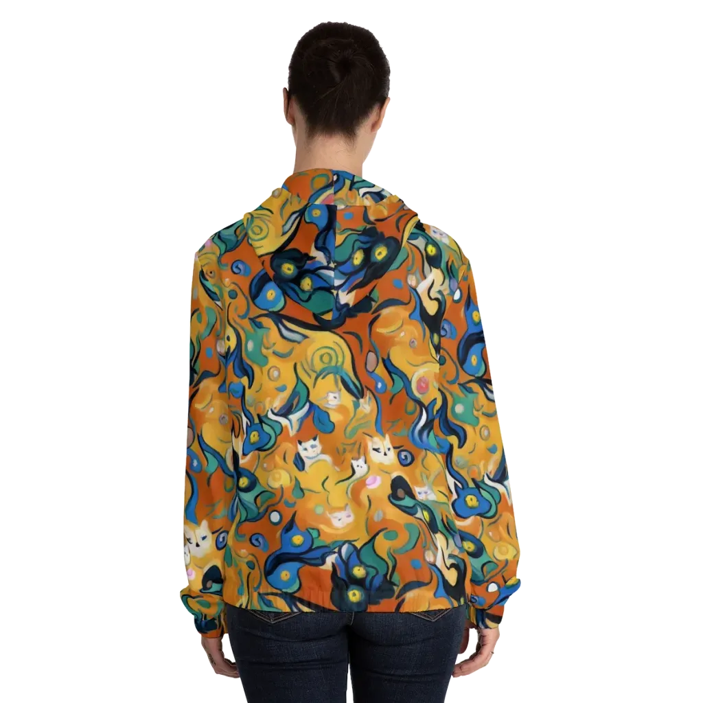 Whimsical Feline Dance on Women's Full-Zip Hoodie — Back On Person