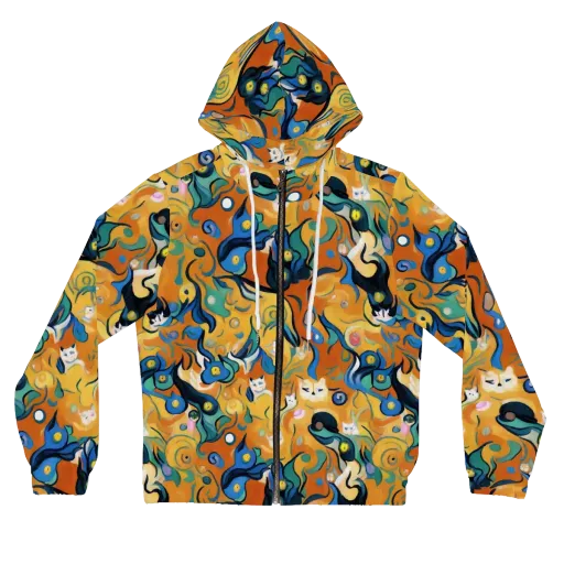 Whimsical Feline Dance on a Women's Full-Zip Hoodie