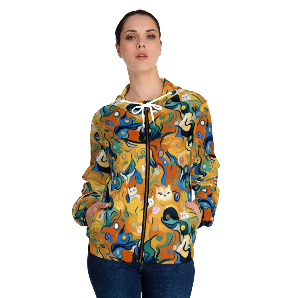 Whimsical Feline Dance on Women's Full-Zip Hoodie — Front On Person