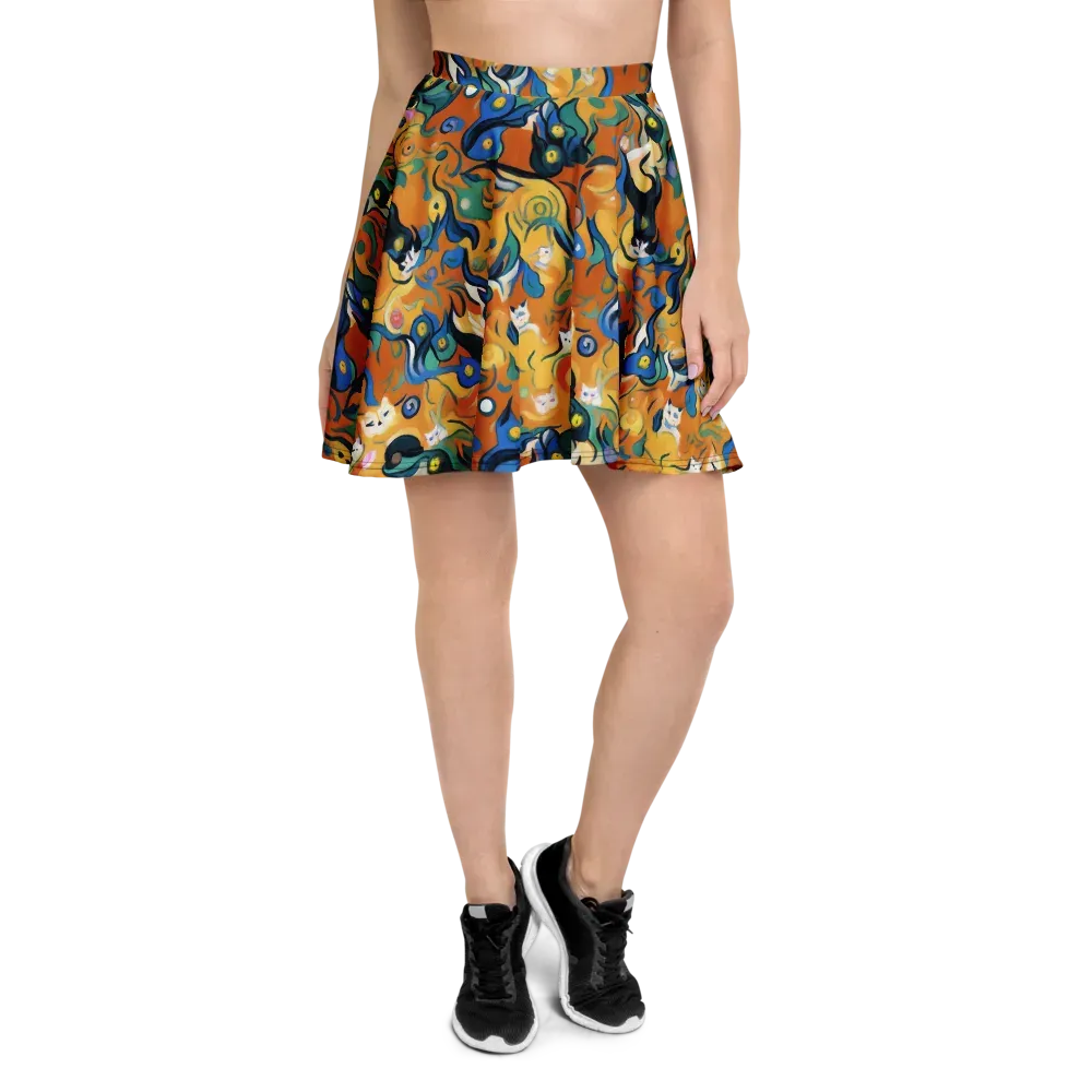 Whimsical Feline Dance on Skater Skirt — Front