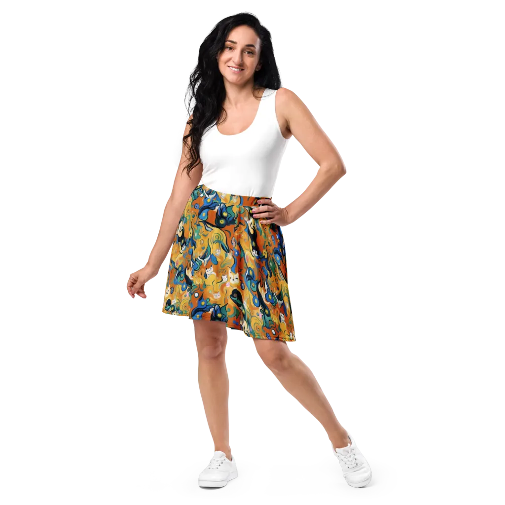 Whimsical Feline Dance on Skater Skirt — Front