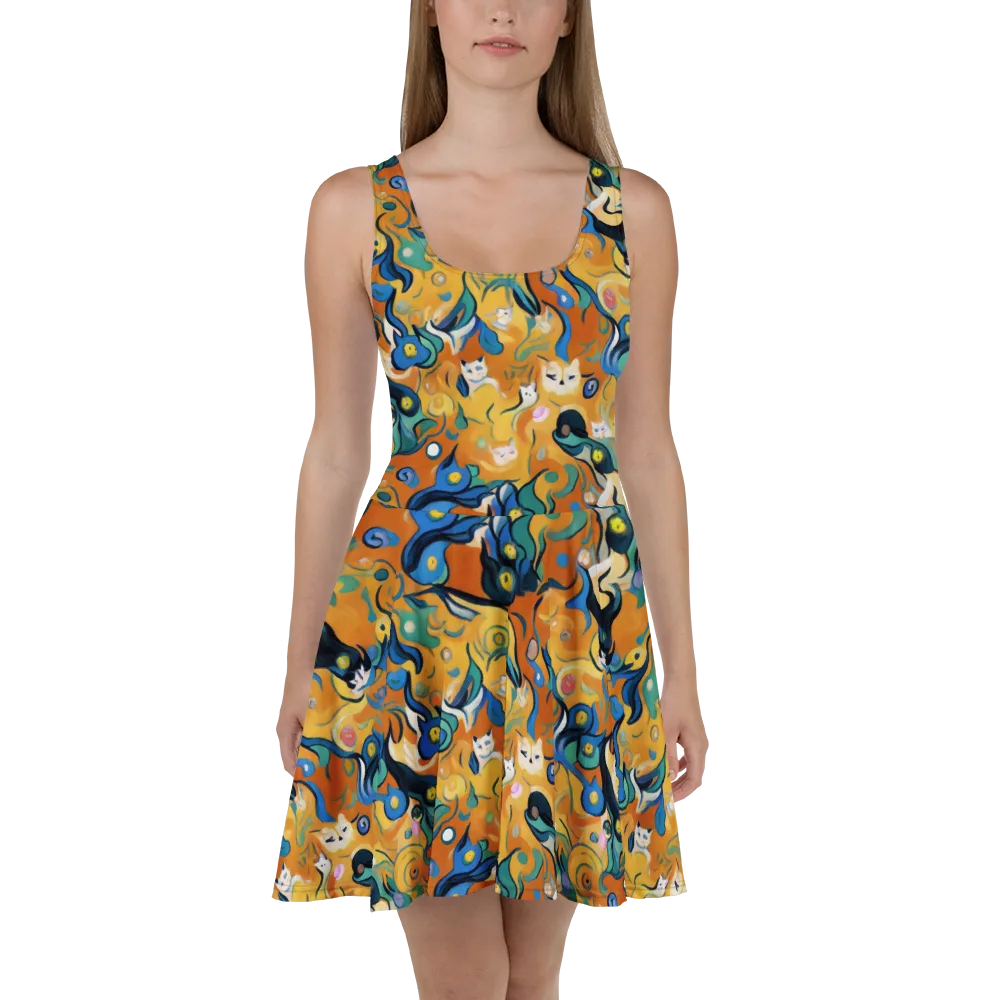 Whimsical Feline Dance on Skater Dress — Front