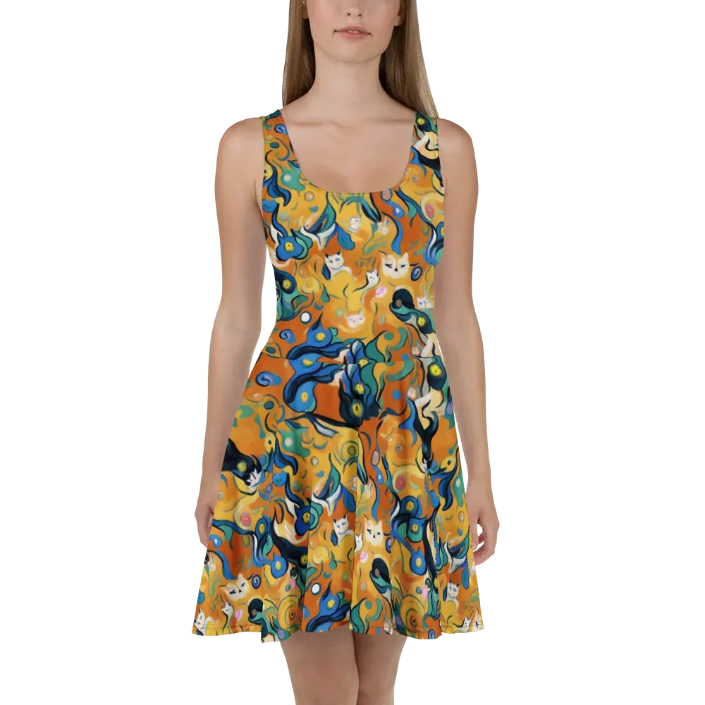 Whimsical Feline Dance on Skater Dress — Front