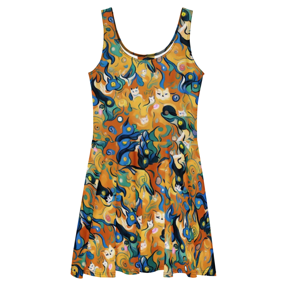 Whimsical Feline Dance on Skater Dress — Front