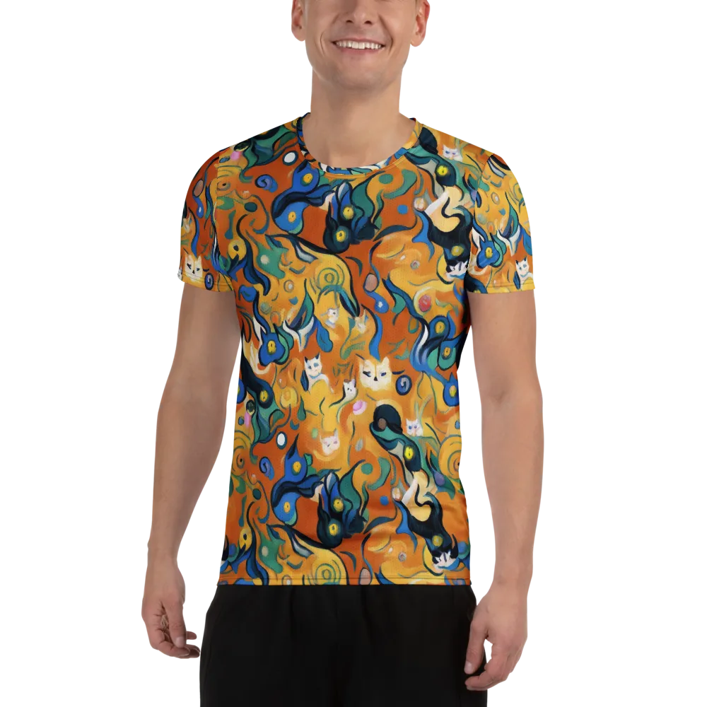 Whimsical Feline Dance on Men's Athletic T-Shirt — Front