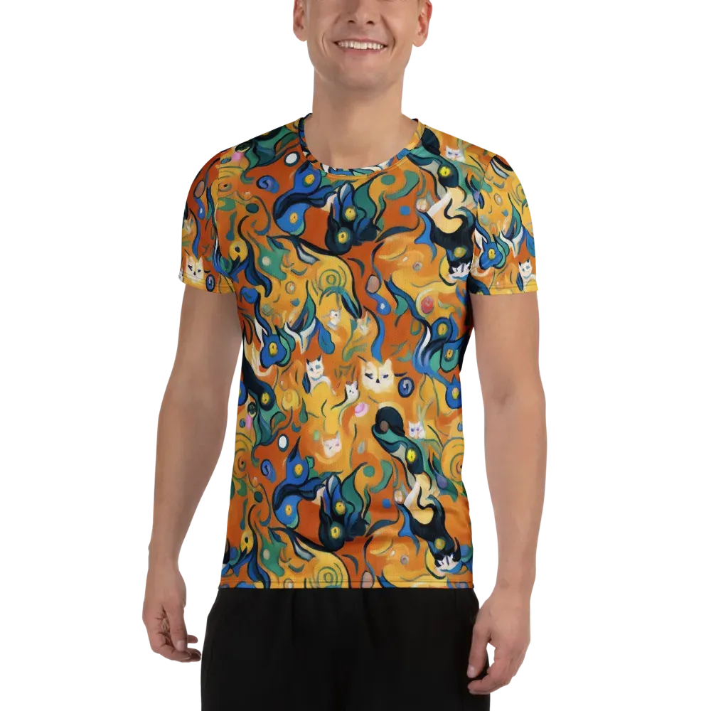 Whimsical Feline Dance on Men's Athletic T-Shirt — Front