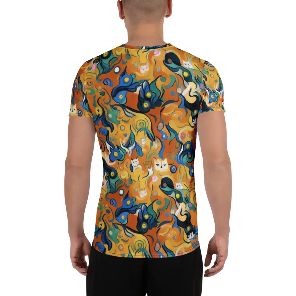 Whimsical Feline Dance on Men's Athletic T-Shirt — Back
