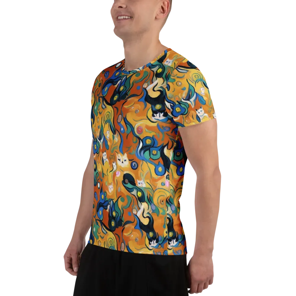Whimsical Feline Dance on Men's Athletic T-Shirt — Left