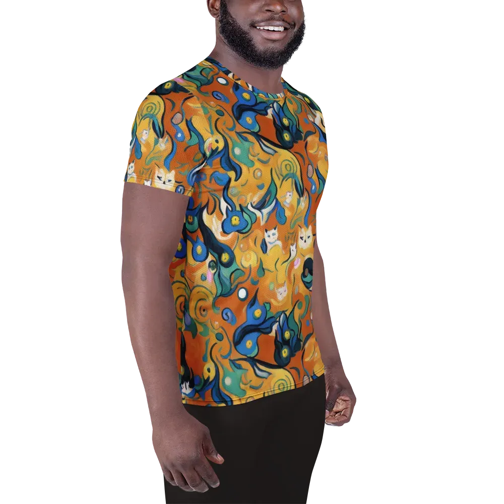 Whimsical Feline Dance on Men's Athletic T-Shirt — Right