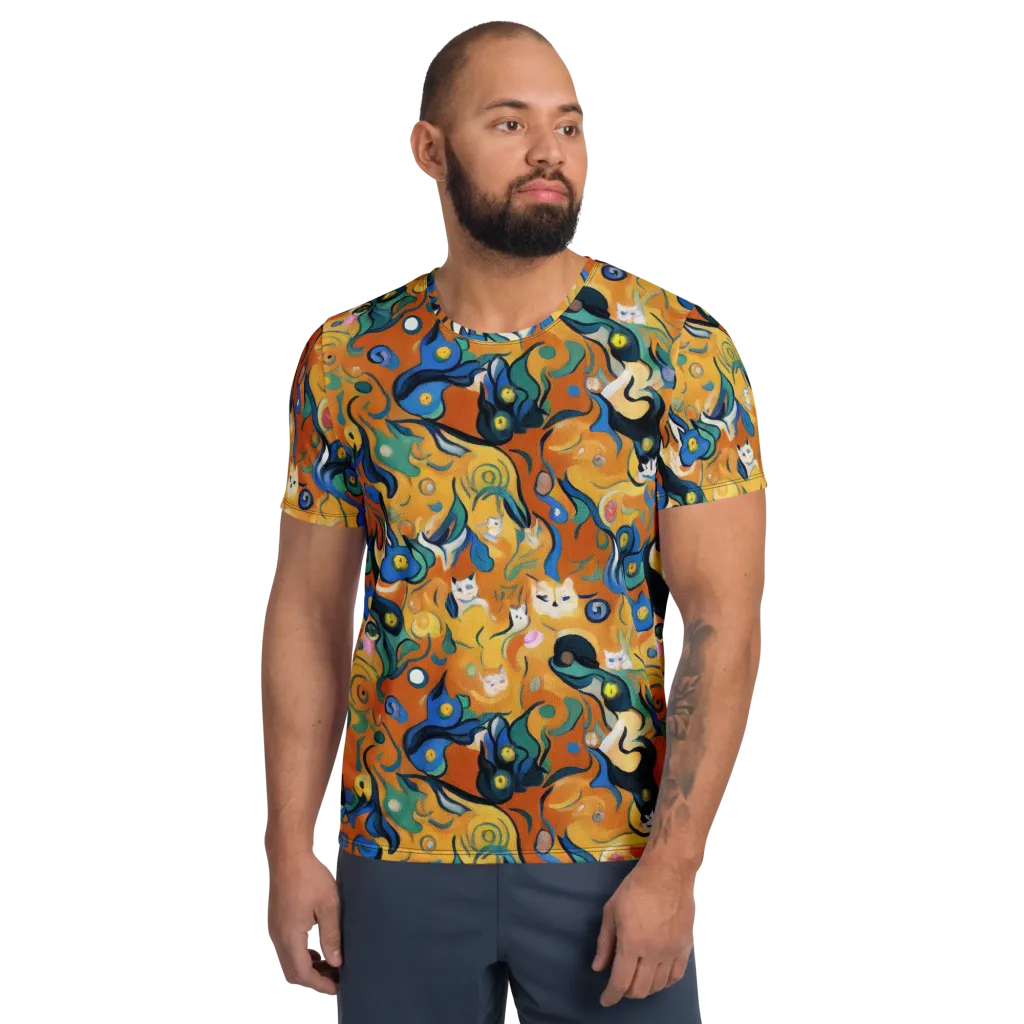 Whimsical Feline Dance on Men's Athletic T-Shirt — Front