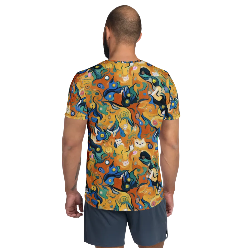 Whimsical Feline Dance on Men's Athletic T-Shirt — Back