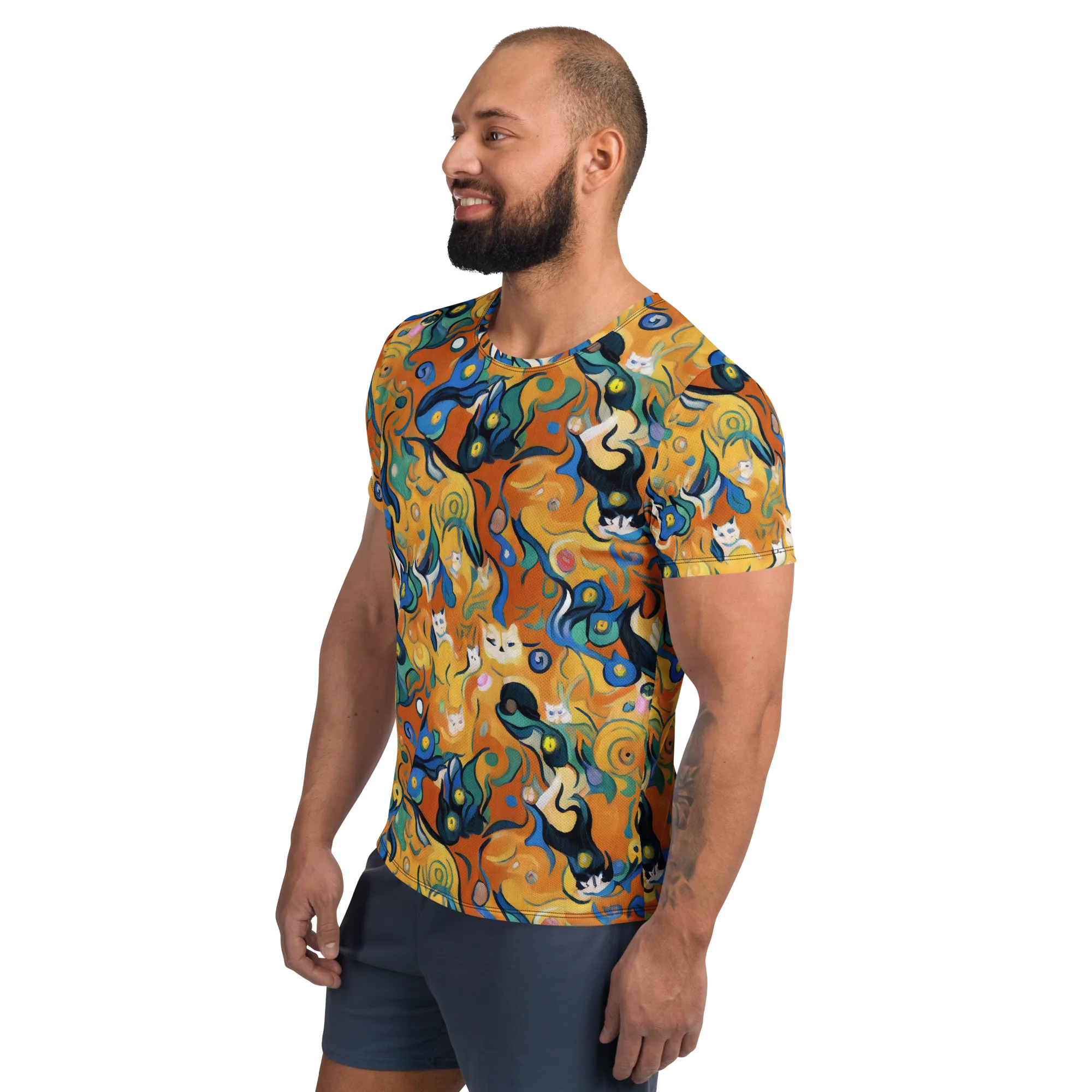 Whimsical Feline Dance on Men's Athletic T-Shirt — Left