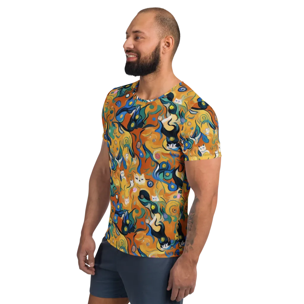 Whimsical Feline Dance on Men's Athletic T-Shirt — Left