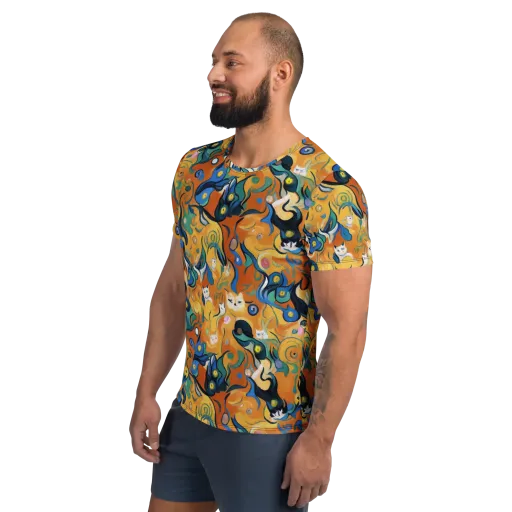 Whimsical Feline Dance on a Men's Athletic T-Shirt