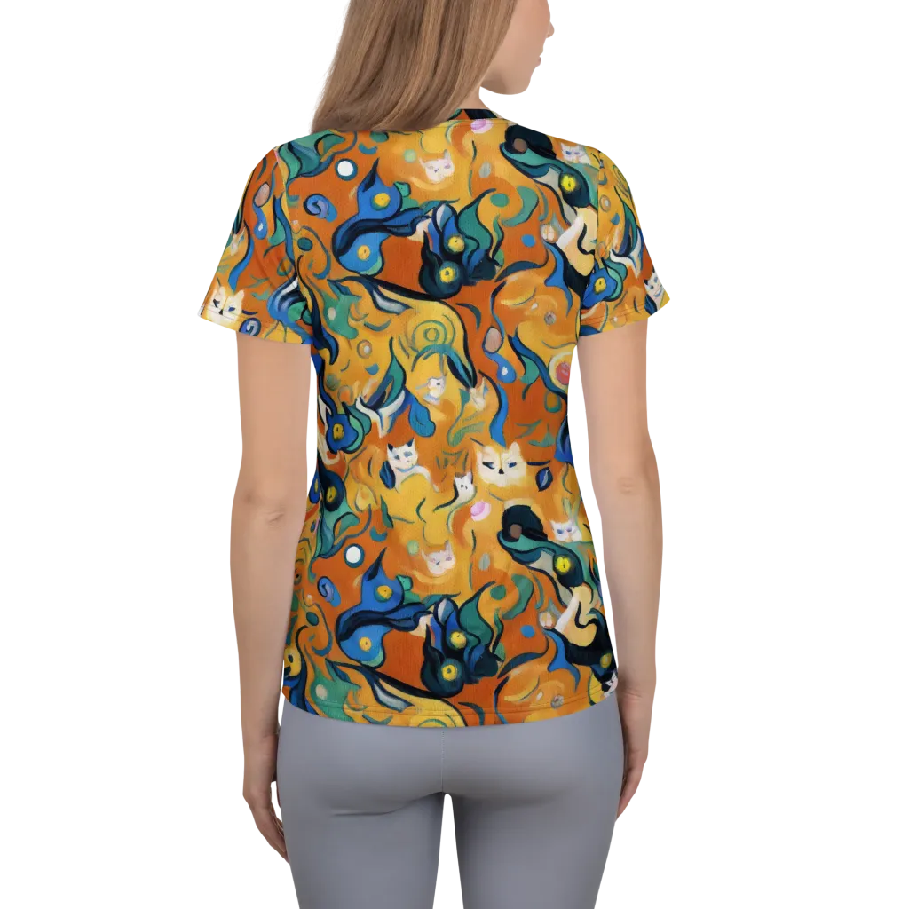 Whimsical Feline Dance on Women's Athletic T-Shirt — Back