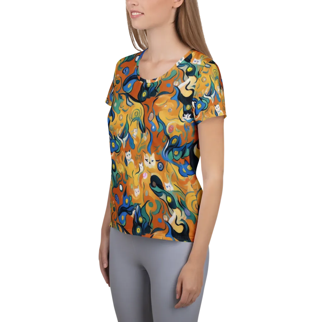 Whimsical Feline Dance on Women's Athletic T-Shirt — Left