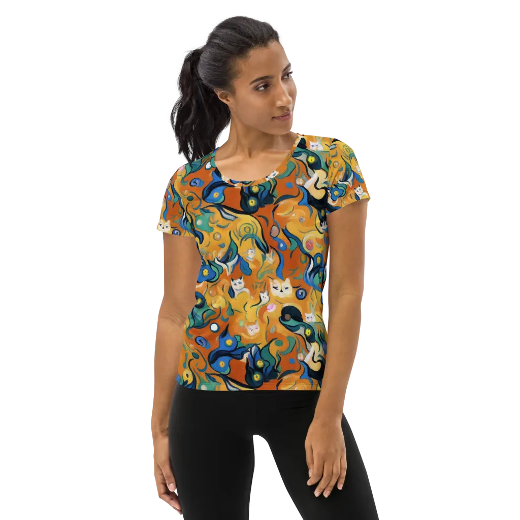 Whimsical Feline Dance on Women's Athletic T-Shirt — Front