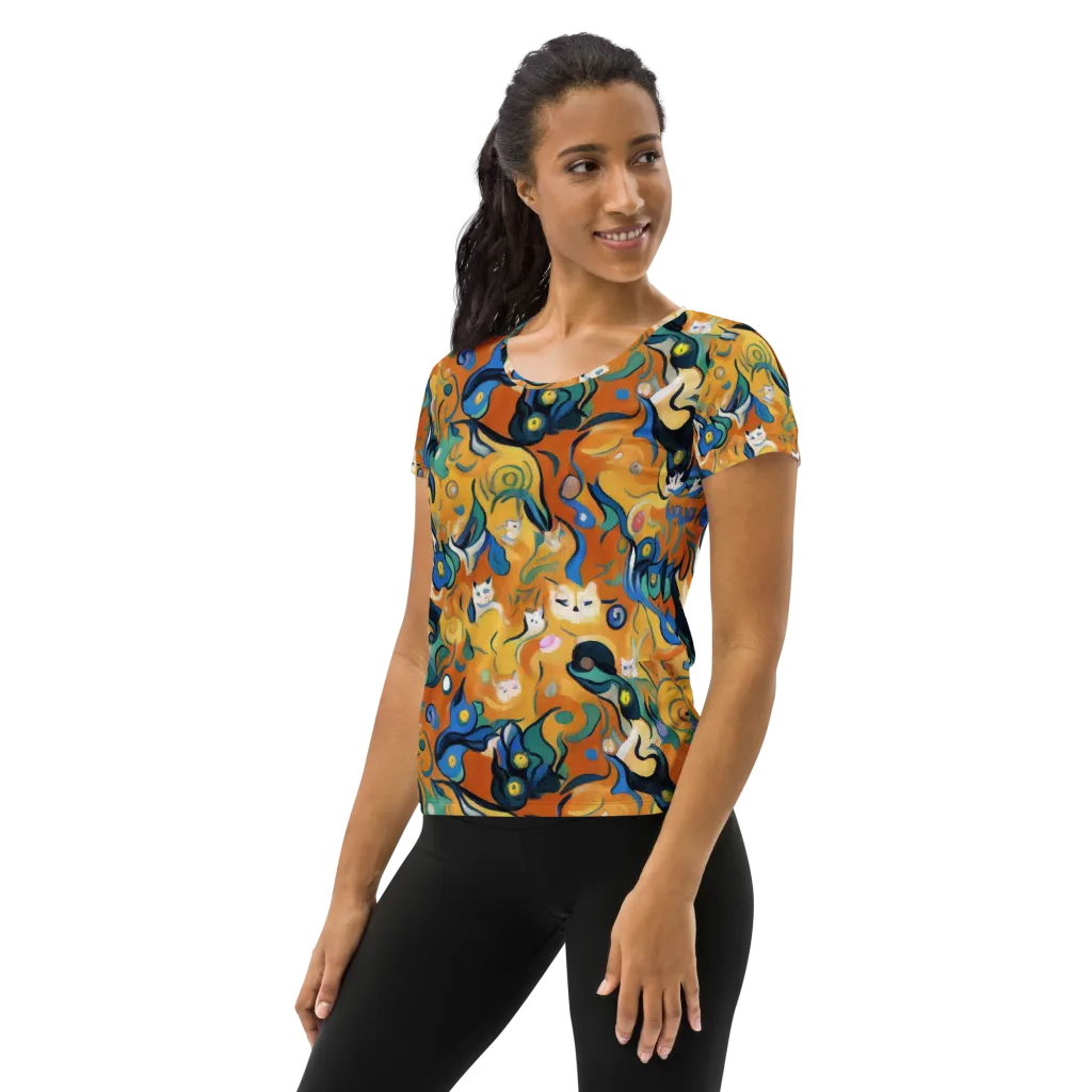 Whimsical Feline Dance on Women's Athletic T-Shirt — Left