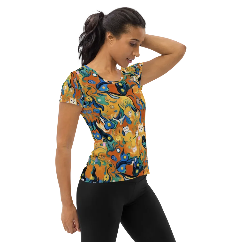 Whimsical Feline Dance on Women's Athletic T-Shirt — Right