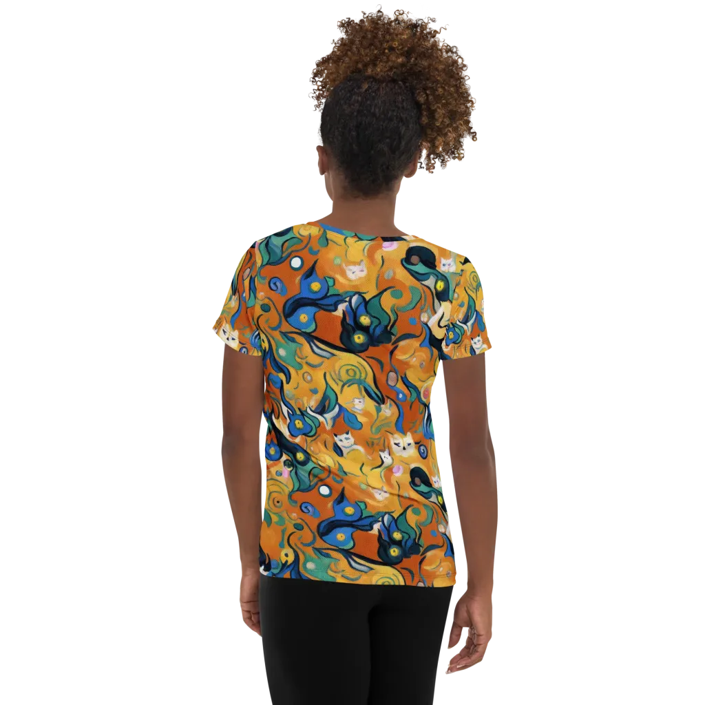 Whimsical Feline Dance on Women's Athletic T-Shirt — Back