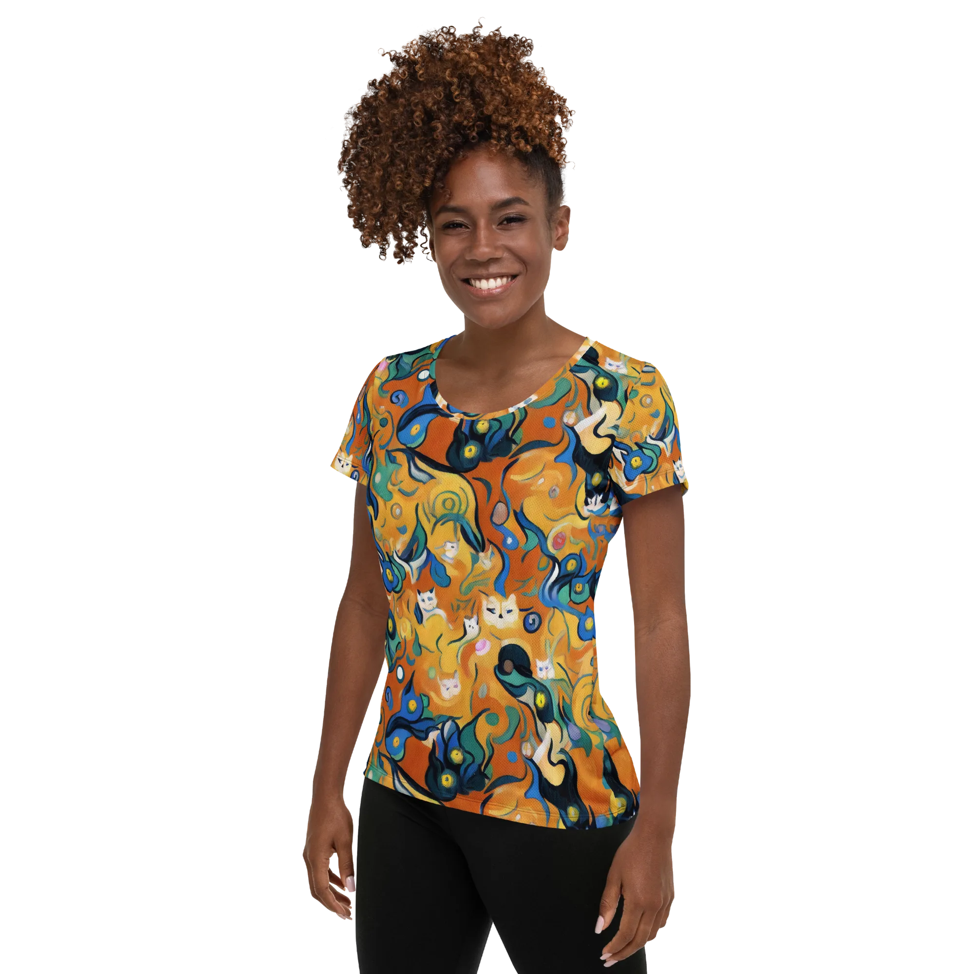 Whimsical Feline Dance on Women's Athletic T-Shirt — Left