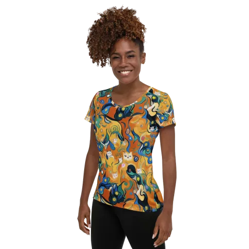 Whimsical Feline Dance on a Women's Athletic T-Shirt