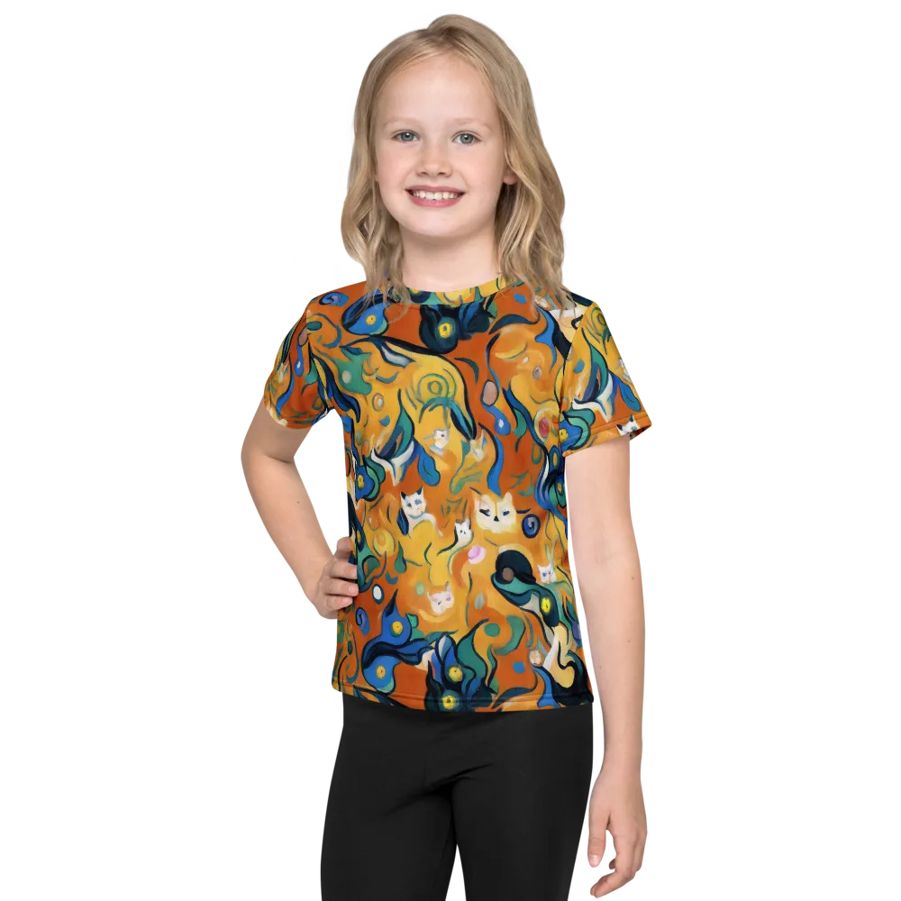 Whimsical Feline Dance on Kids Crew Neck T-Shirt — Front